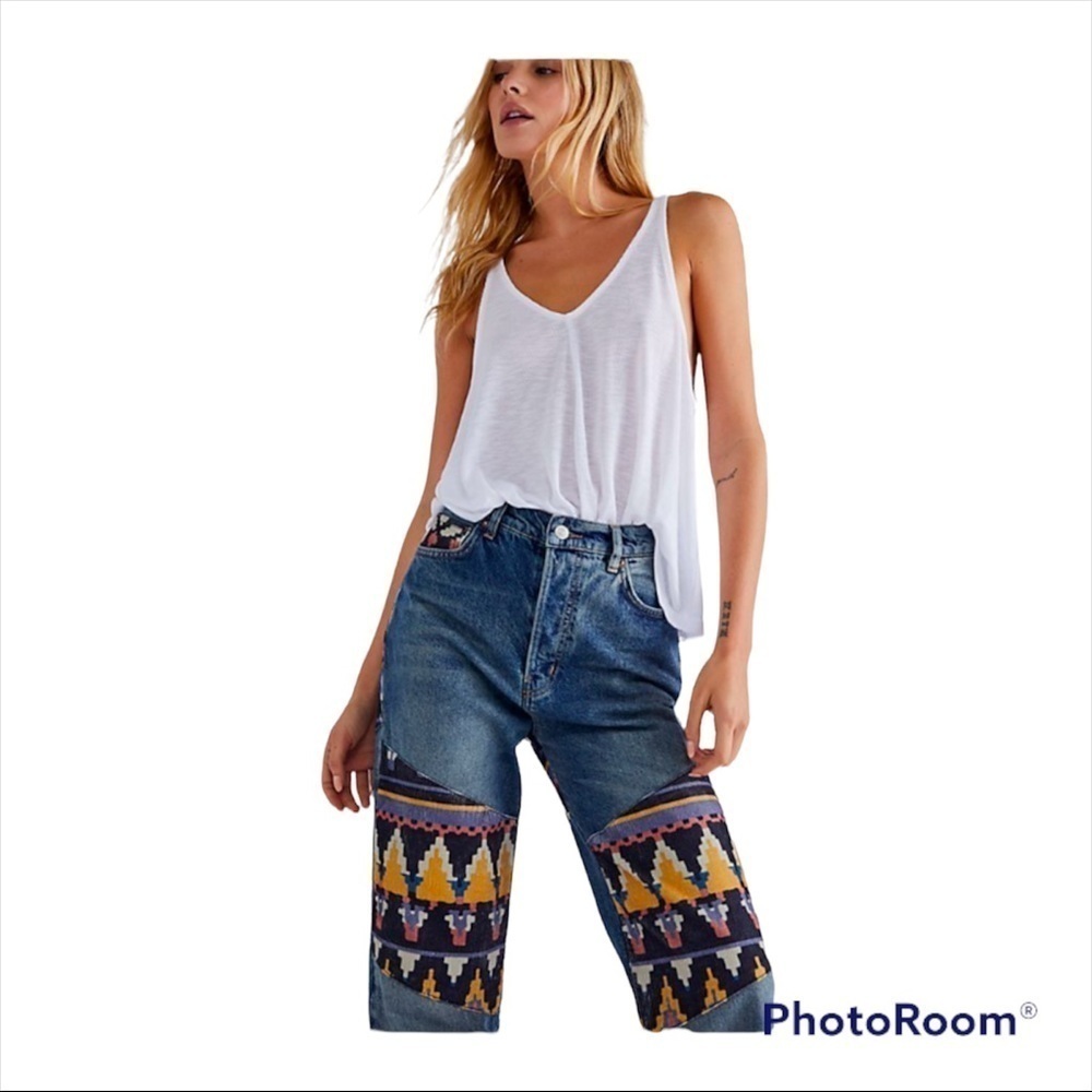 Free People Patchwork Straight Leg Jeans Size 26 Boho Festival Denim - Picture 6 of 13
